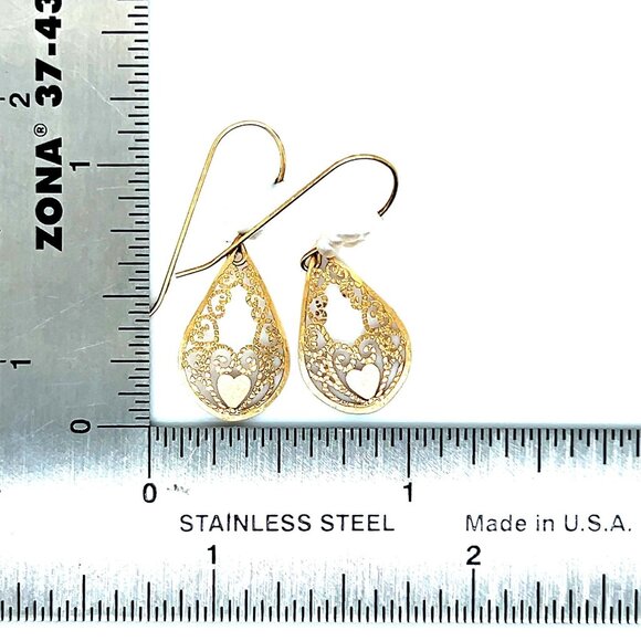 10k Gold Intricate Heart Pearl Dangle Earrings - Picture 3 of 4